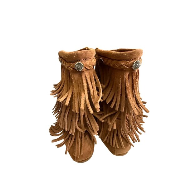 Minnetonka Suede Moccasins 3 Layer Fringe Mid Calf Boots Women's 4 Brown Boho - Picture 5 of 13